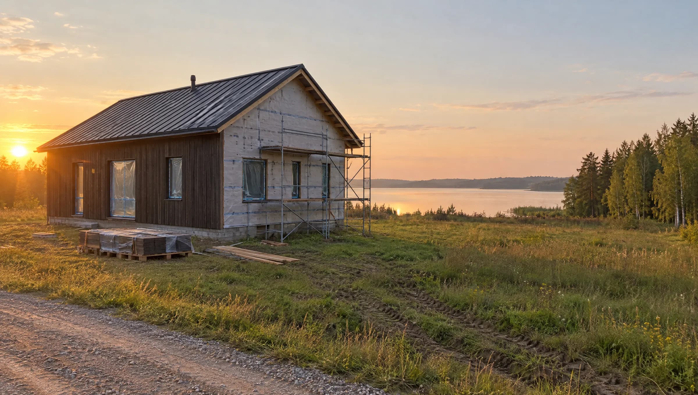 Statomas namas tame pačiame sklype prie ežero saulėlydžio metu.